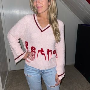 Pink chenille “RETRO” v-neck sweater POL size Small